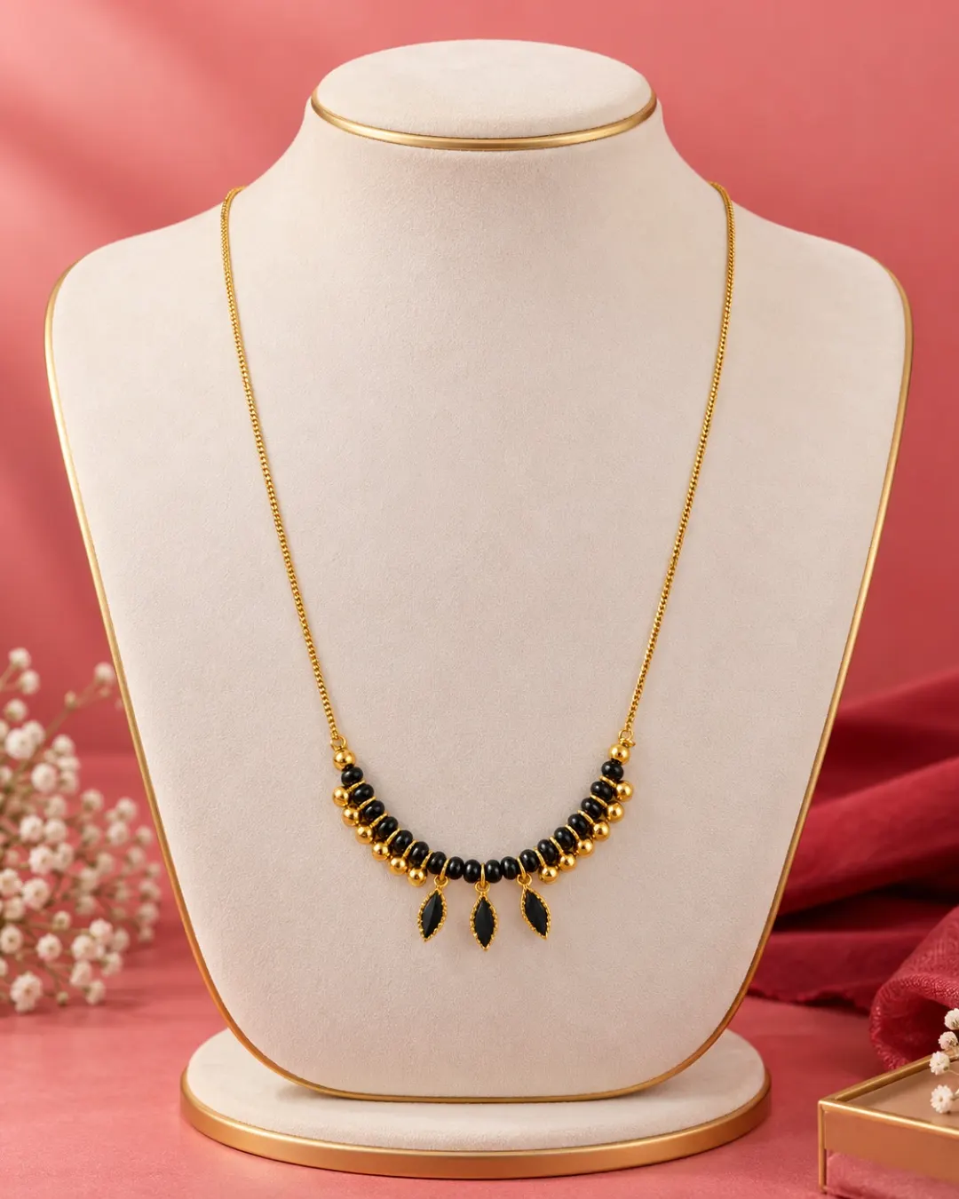 GOLD BLACK BEADED LEAF PENDANT MANGALSUTRA.