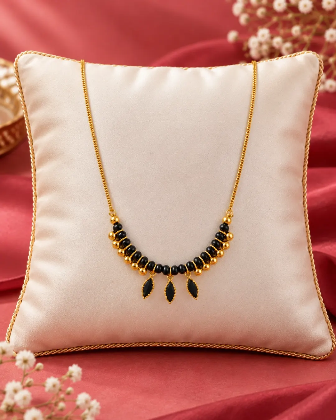 GOLD BLACK BEADED LEAF PENDANT MANGALSUTRA.