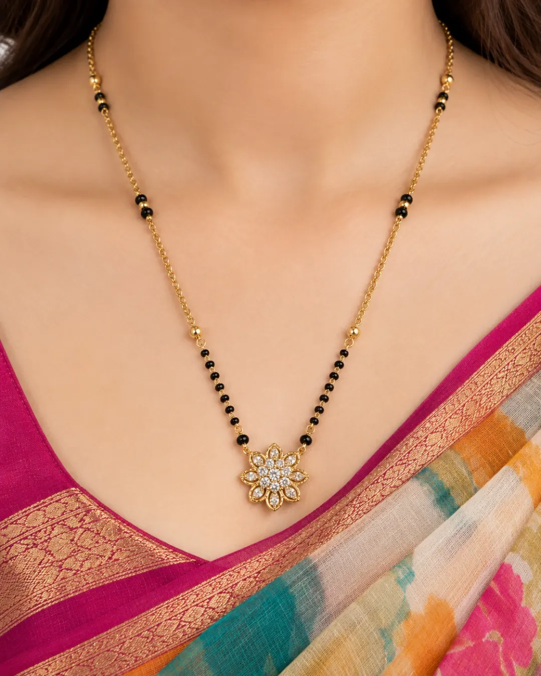 GOLD FLORAL DIAMOND PENDANT MANGALSUTRA