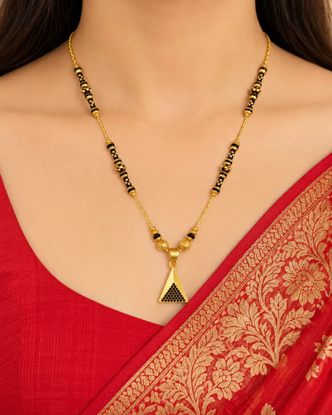 GOLD TRIANGLE BLACK BEADED MANGALSUTRA.