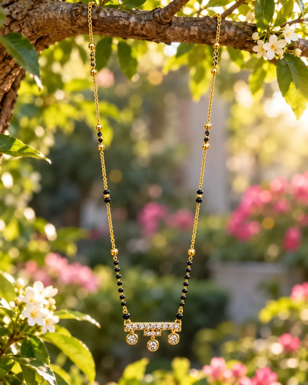 GOLD TRIPLE CIRCLE DIAMOND PENDANT MANGALSUTRA