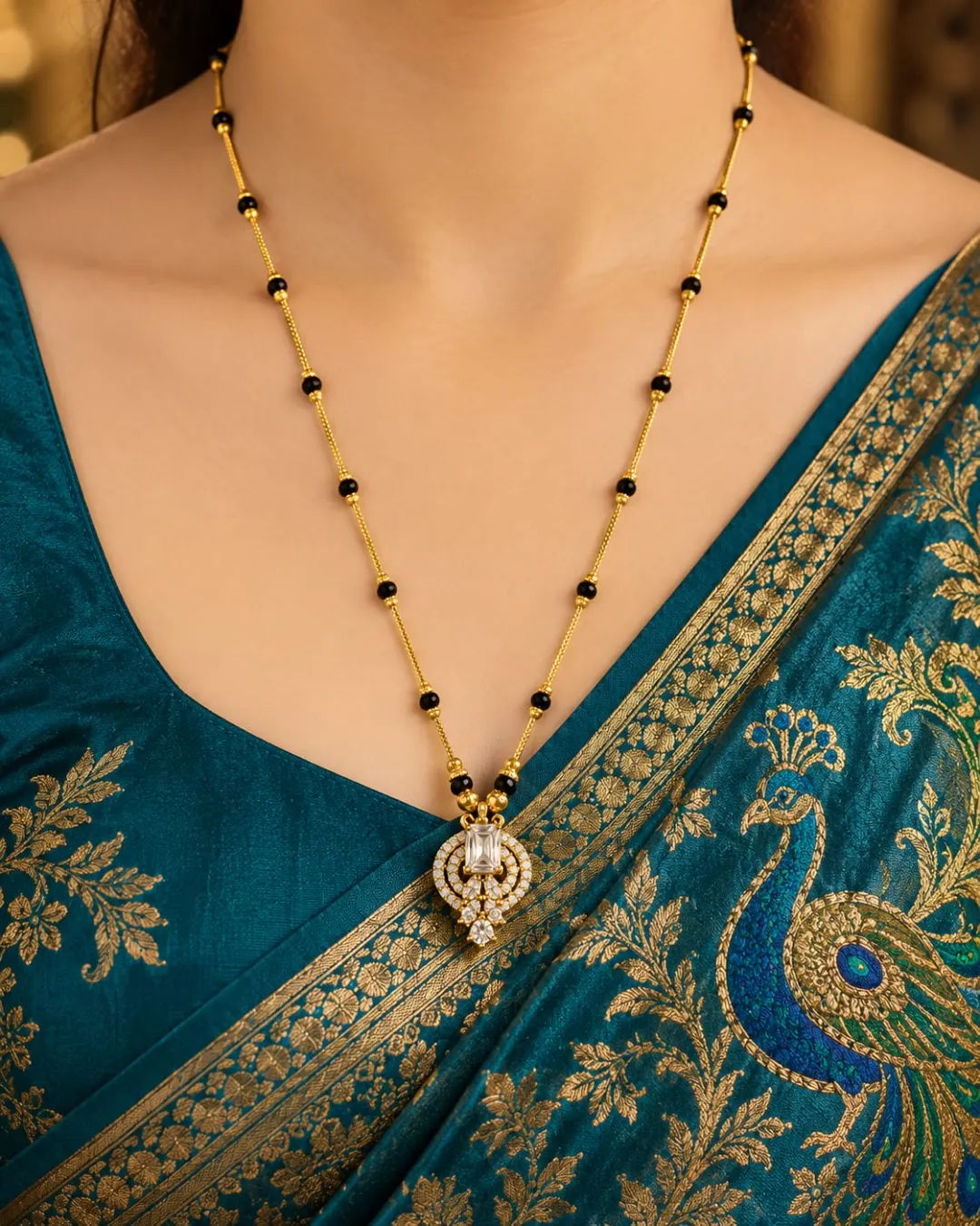 GOLD PEACOCK INSPIRED DIAMOND PENDANT MANGALSUTRA