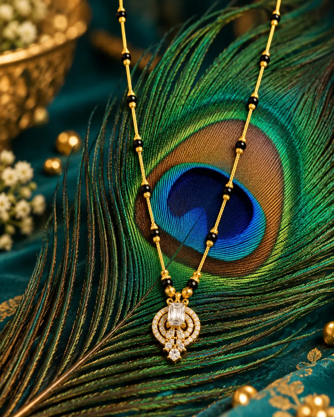 GOLD PEACOCK INSPIRED DIAMOND PENDANT MANGALSUTRA