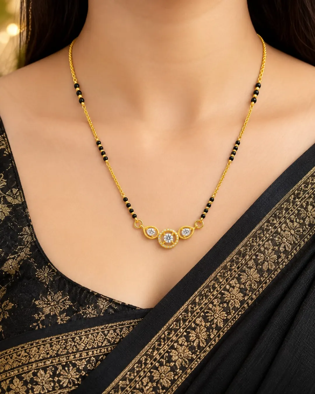 GOLD PLATED THREE STONE PENDANT MANGALSUTRA