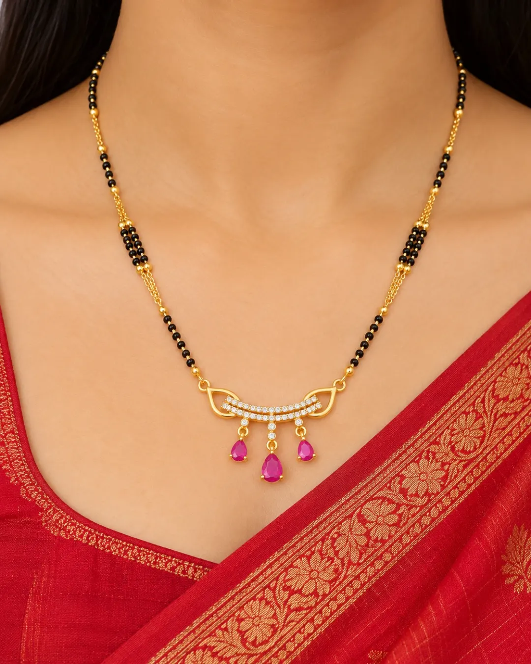 GOLD PLATED PINK STONE & CZ CURVED MANGALSUTRA