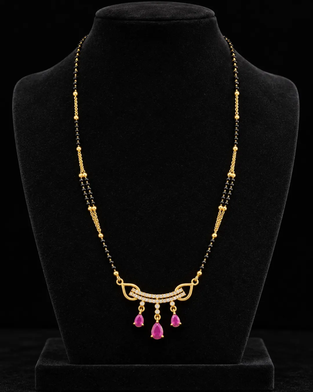 GOLD PLATED PINK  STONE & CZ CURVED MANGALSUTRA 
