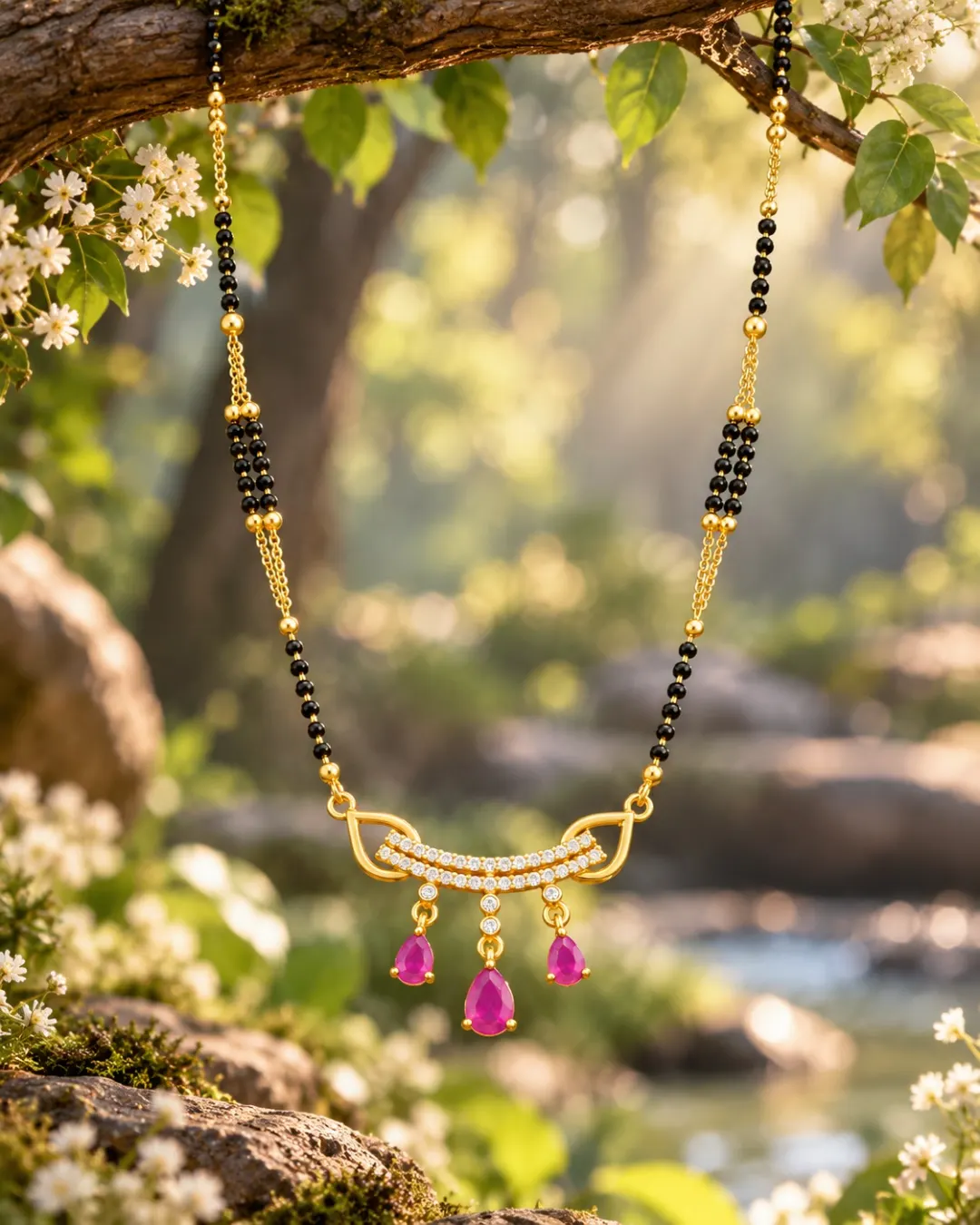 GOLD PLATED PINK  STONE & CZ CURVED MANGALSUTRA 