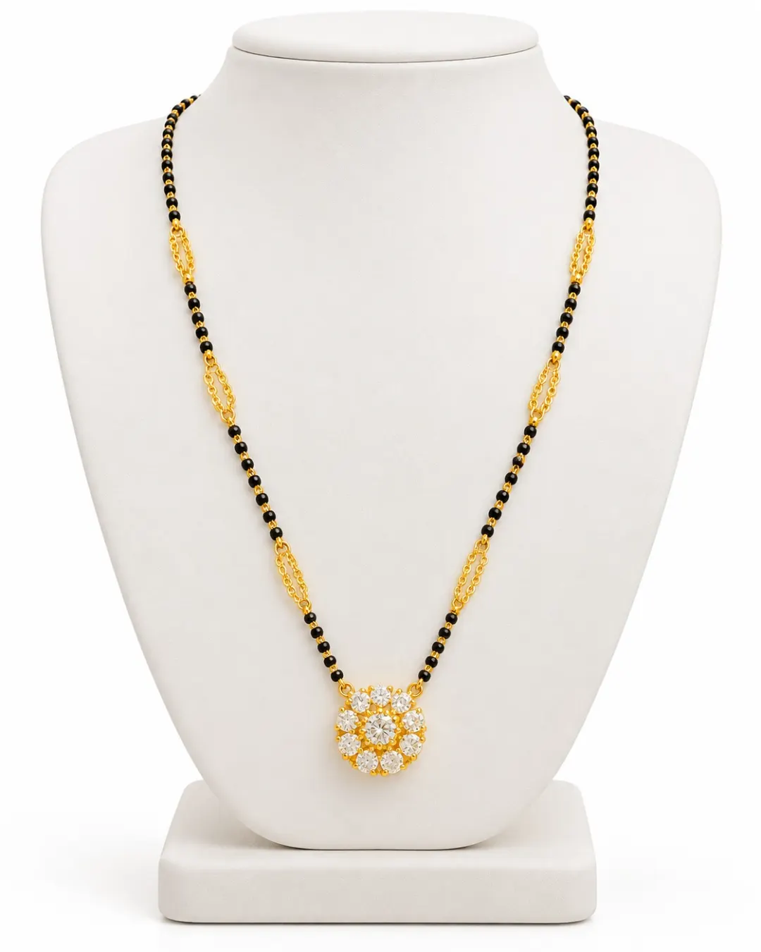 ELEGANT GOLD-TONE BLACK BEADED FLORAL MANGALSUTRA