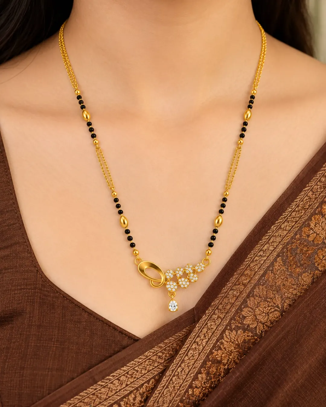 GOLD-TONE BLACK BEADED FLORAL CZ STONE MANGALSUTRA
