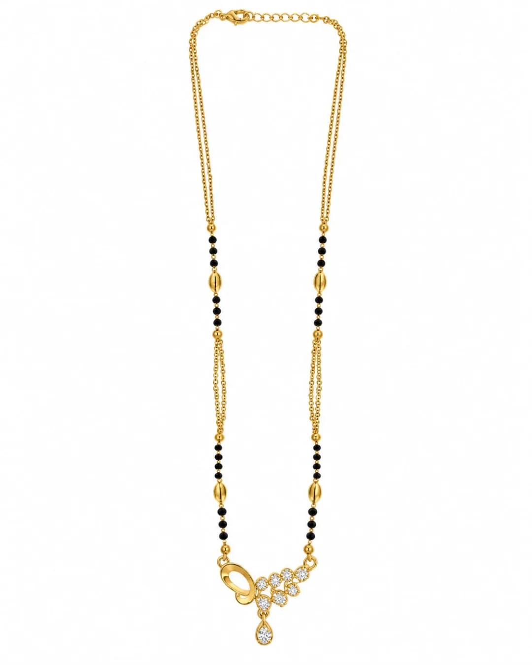 GOLD-TONE BLACK BEADED FLORAL CZ STONE MANGALSUTRA