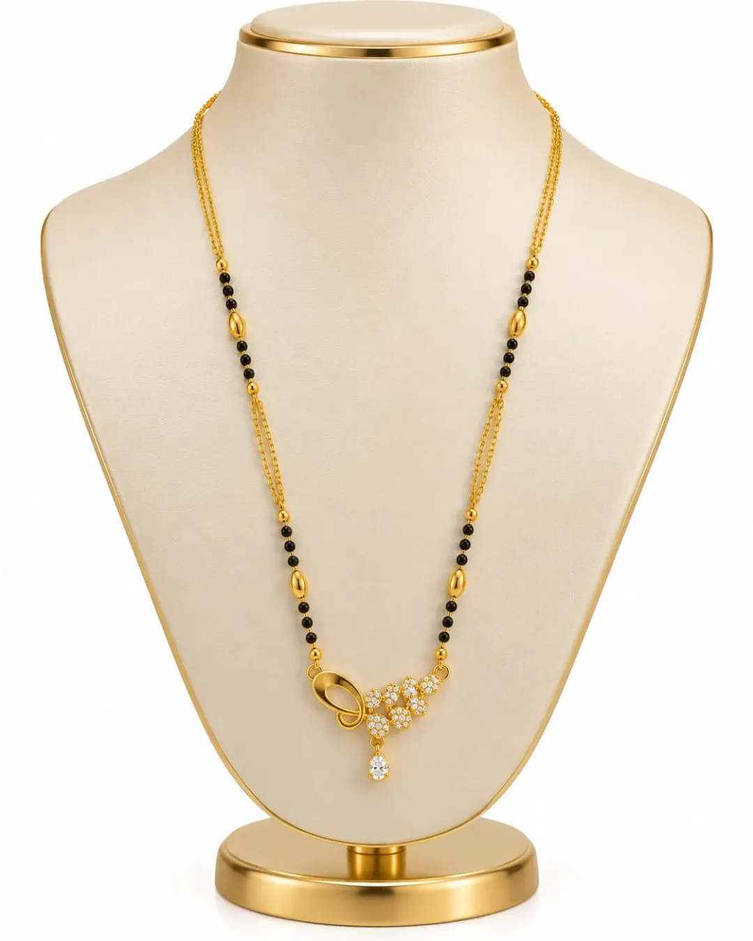 GOLD-TONE BLACK BEADED FLORAL CZ STONE MANGALSUTRA