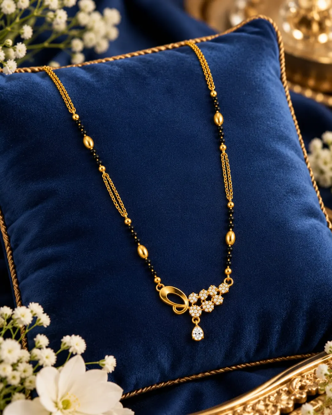 GOLD-TONE BLACK BEADED FLORAL CZ STONE MANGALSUTRA