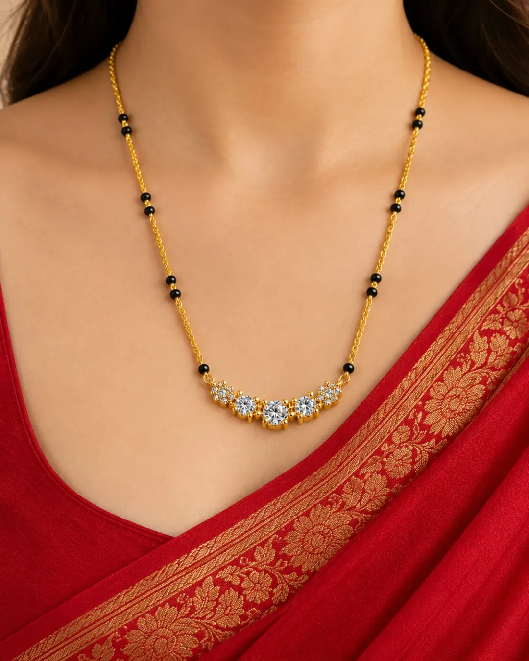 ELEGANT GOLD-TONE BLACK BEADED TRIPLE CZ STONE MANGALSUTRA