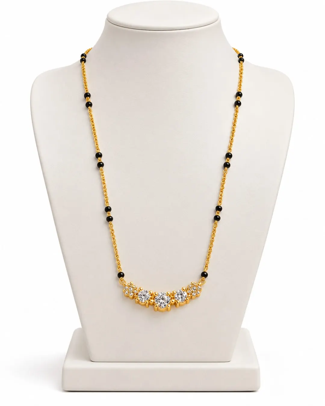 ELEGANT GOLD-TONE BLACK BEADED TRIPLE CZ STONE MANGALSUTRA