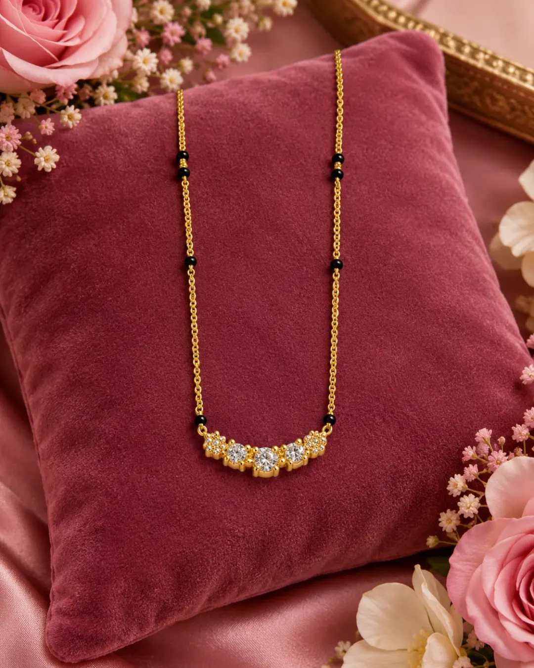 ELEGANT GOLD-TONE BLACK BEADED TRIPLE CZ STONE MANGALSUTRA