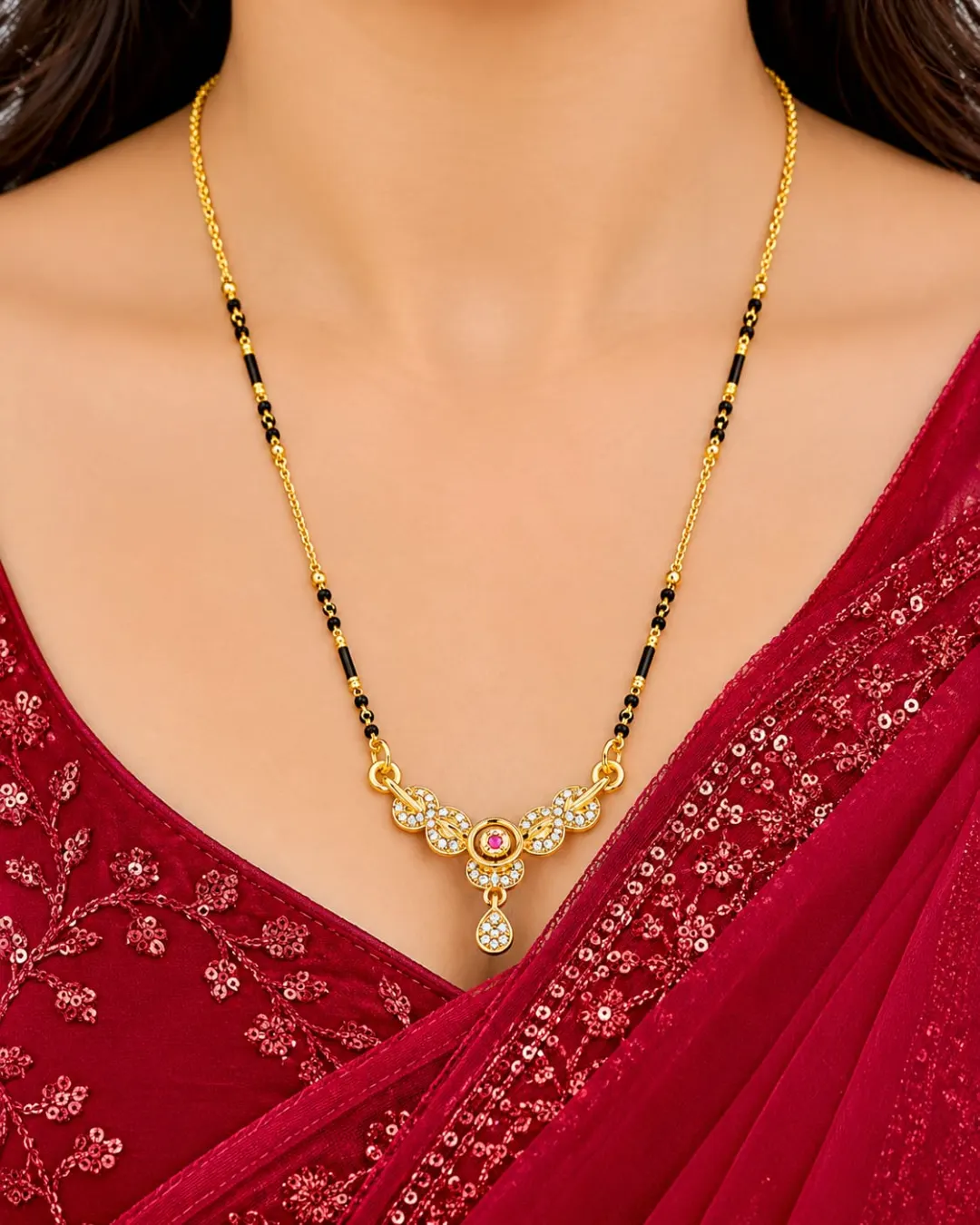 GOLD-TONE BLACK BEADED FLORAL CZ STONE DROP MANGALSUTRA