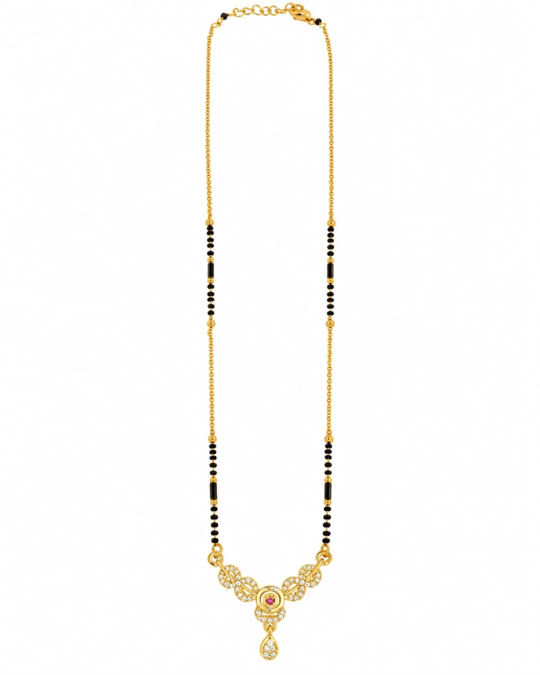 GOLD-TONE BLACK BEADED FLORAL CZ STONE DROP MANGALSUTRA