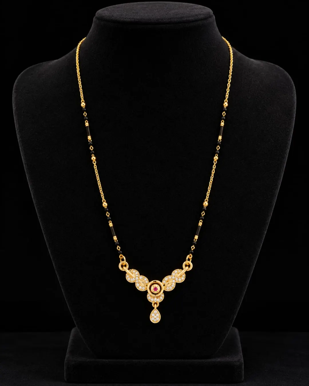 GOLD-TONE BLACK BEADED FLORAL CZ STONE DROP MANGALSUTRA