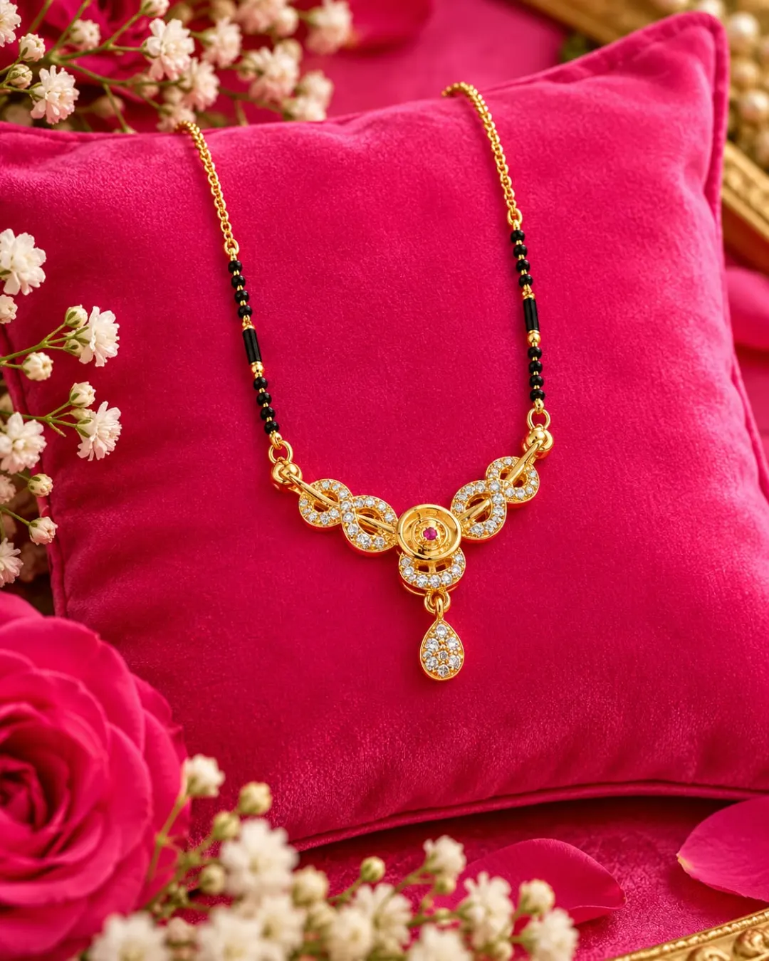 GOLD-TONE BLACK BEADED FLORAL CZ STONE DROP MANGALSUTRA