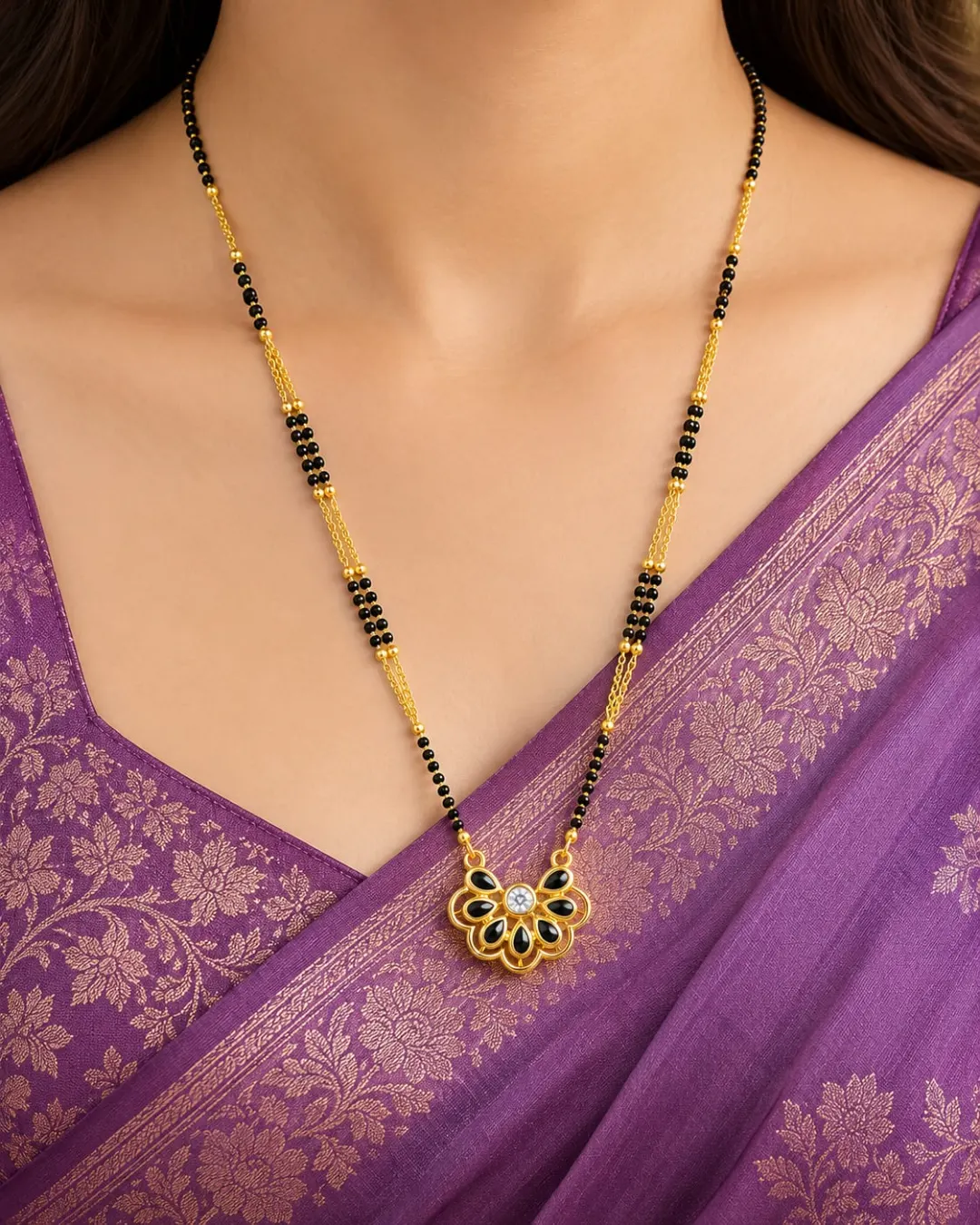 GOLD-TONE BLACK BEADED FLORAL PENDANT MANGALSUTRA WITH BLACK ENAMEL DESIGN