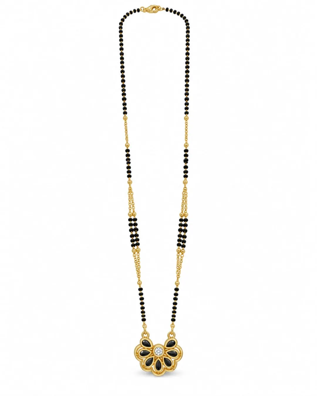 GOLD-TONE BLACK BEADED FLORAL PENDANT MANGALSUTRA WITH BLACK ENAMEL DESIGN