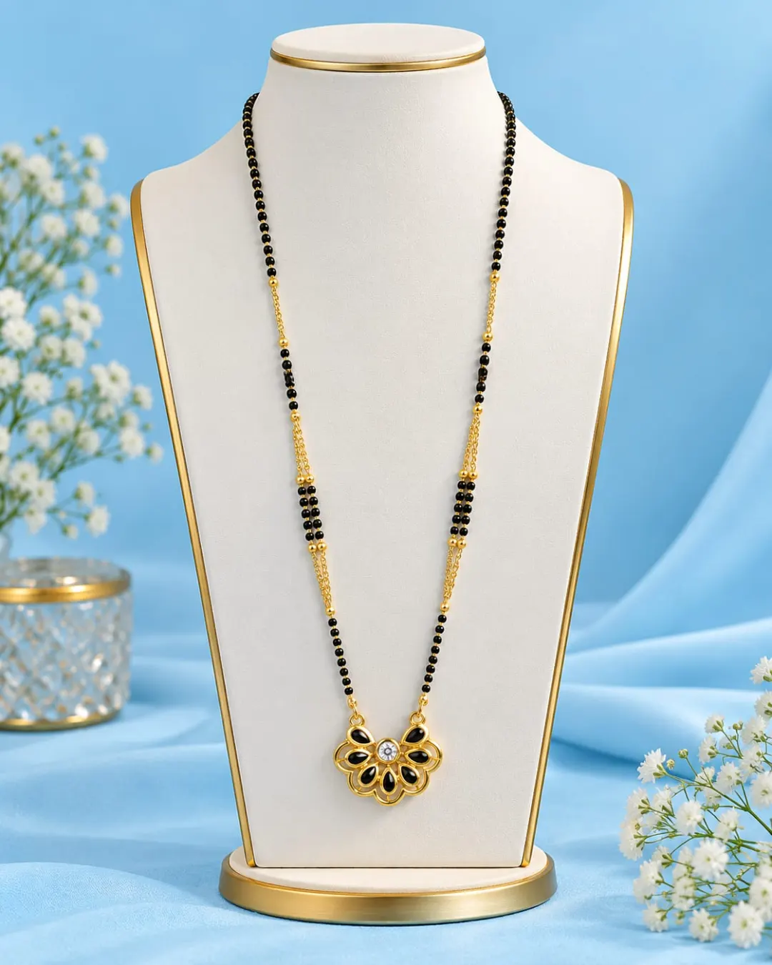GOLD-TONE BLACK BEADED FLORAL PENDANT MANGALSUTRA WITH BLACK ENAMEL DESIGN