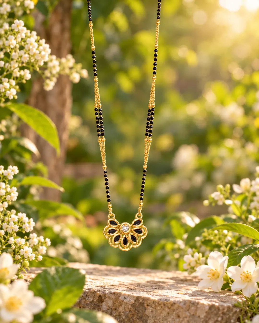 GOLD-TONE BLACK BEADED FLORAL PENDANT MANGALSUTRA WITH BLACK ENAMEL DESIGN