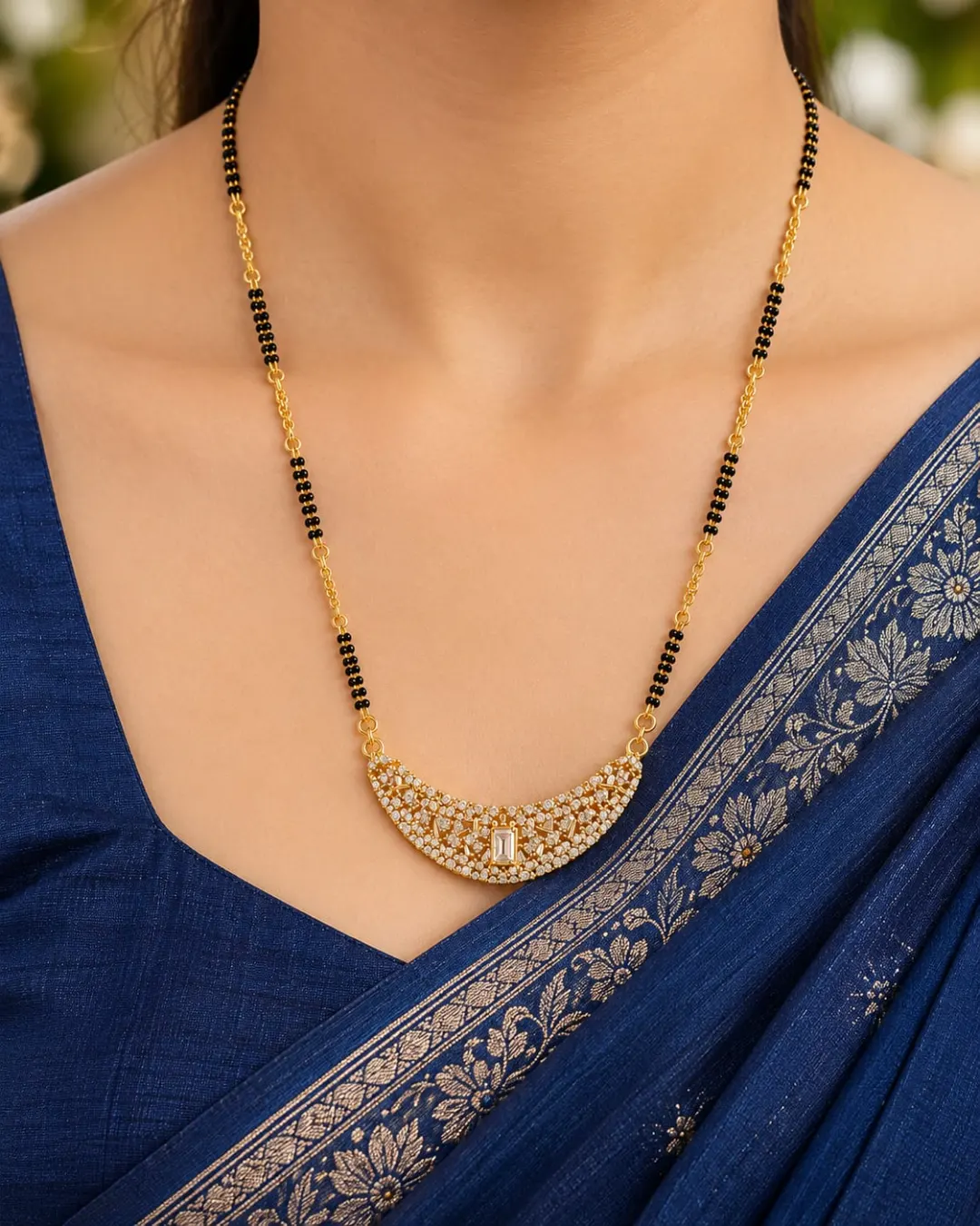 ELEGANT GOLD-TONE BLACK BEADED SPARKLING CZ STONE CRESCENT PENDANT MANGALSUTRA