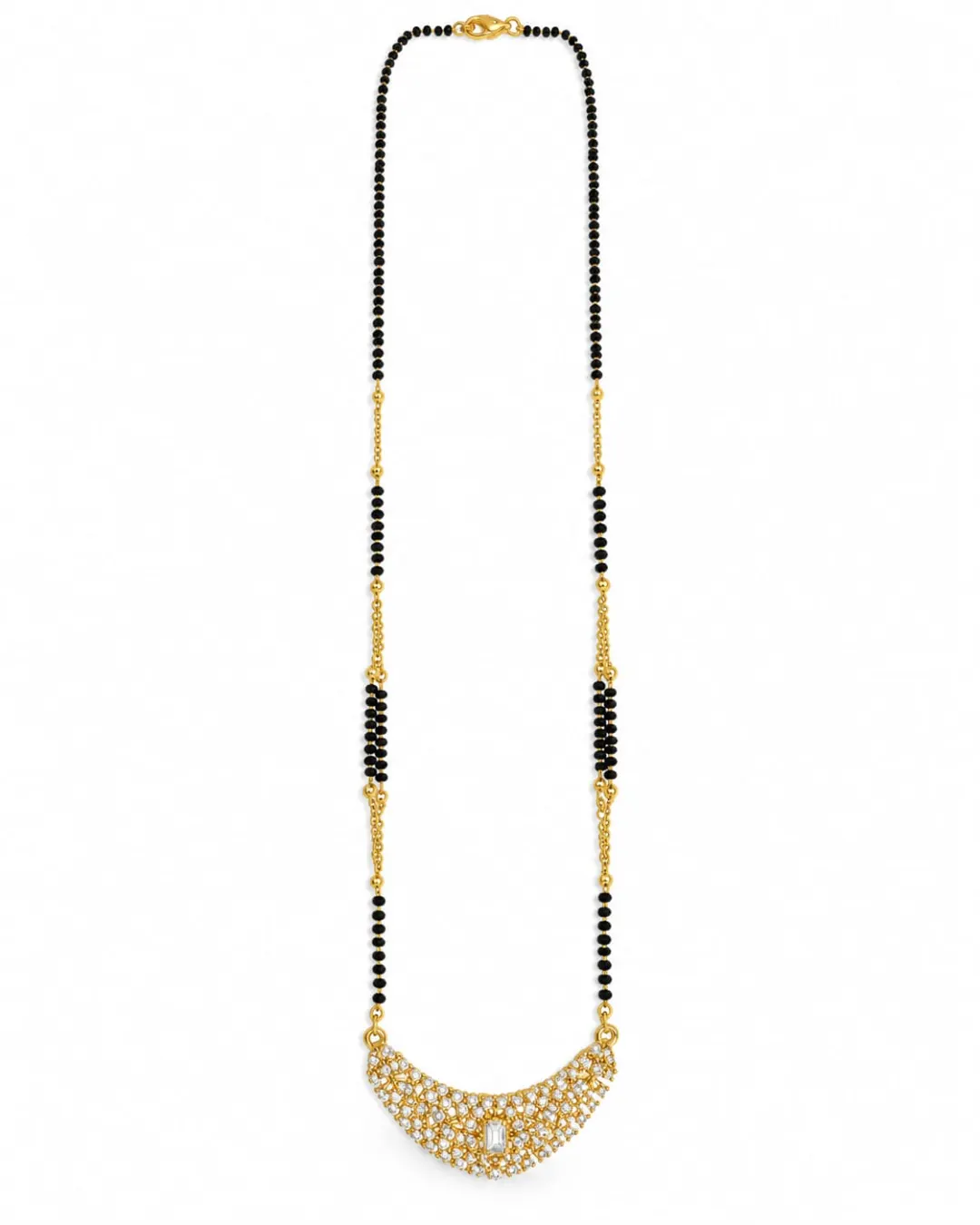 ELEGANT  GOLD-TONE BLACK BEADED SPARKLING CZ STONE CRESCENT PENDANT MANGALSUTRA