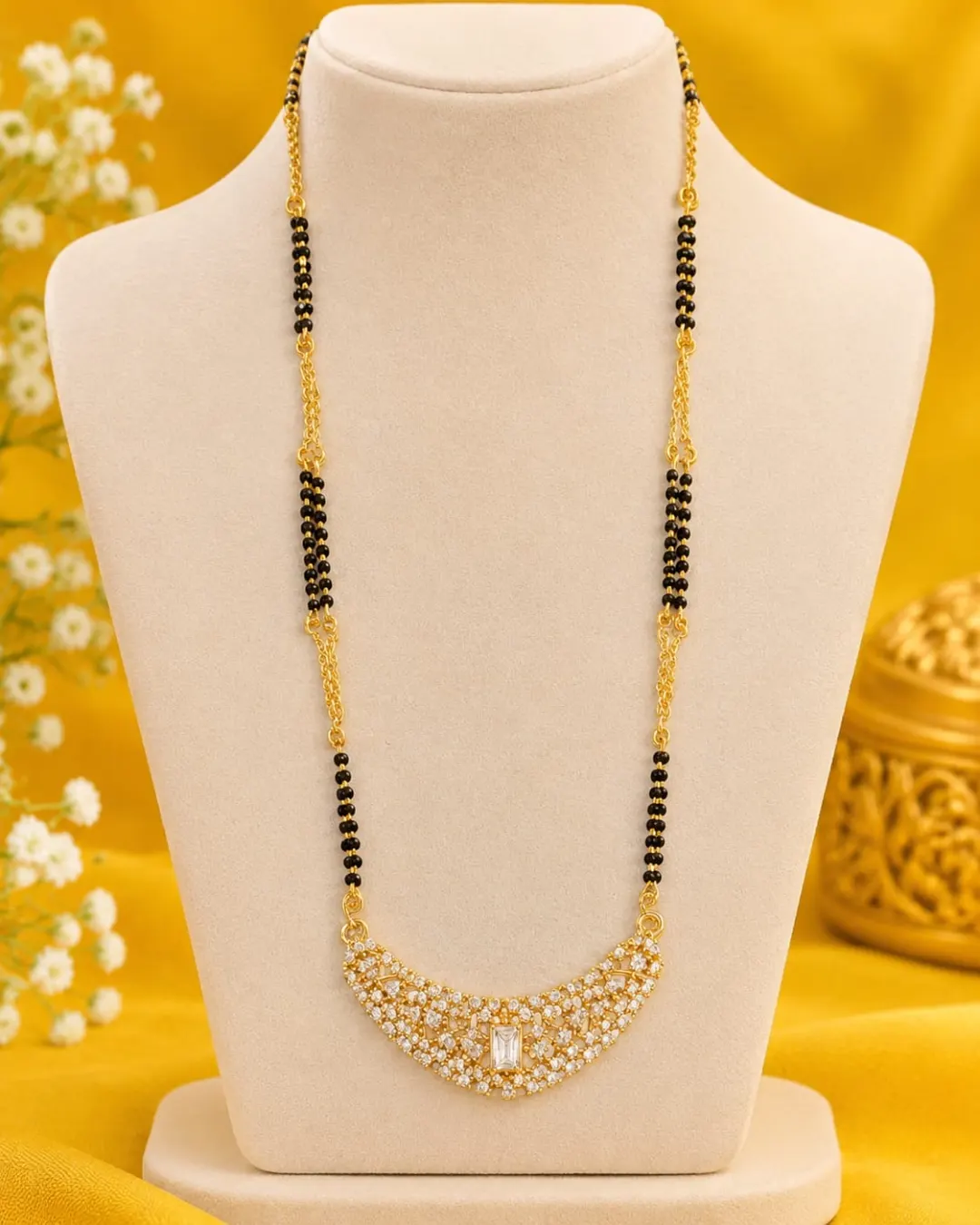 ELEGANT  GOLD-TONE BLACK BEADED SPARKLING CZ STONE CRESCENT PENDANT MANGALSUTRA