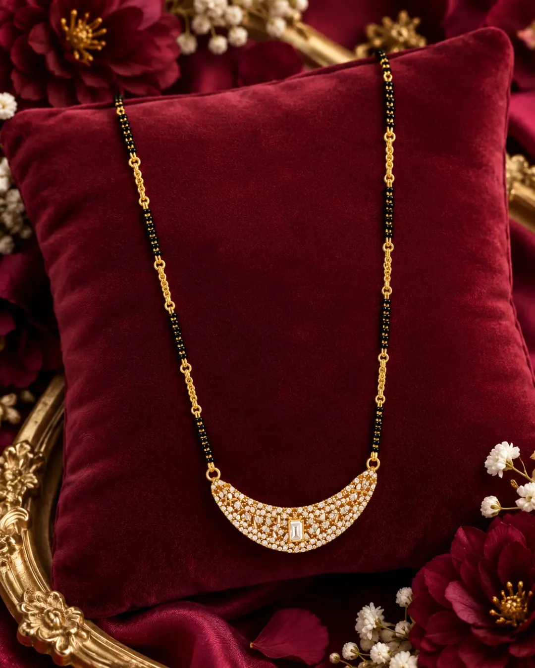 ELEGANT  GOLD-TONE BLACK BEADED SPARKLING CZ STONE CRESCENT PENDANT MANGALSUTRA
