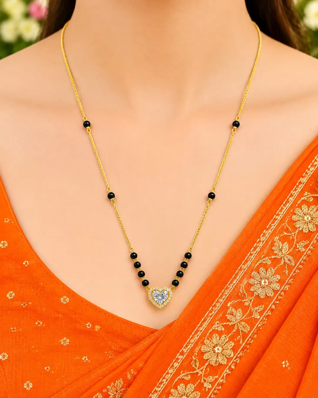 ELEGANT GOLD-TONE BLACK BEADED MINIMALIST HEART-SHAPED STONE PENDANT MANGALSUTRA