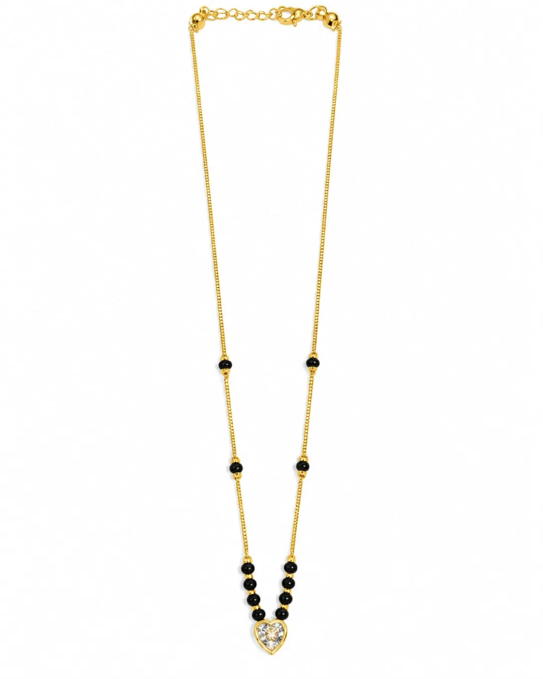 ELEGANT GOLD-TONE BLACK BEADED MINIMALIST HEART-SHAPED STONE PENDANT MANGALSUTRA