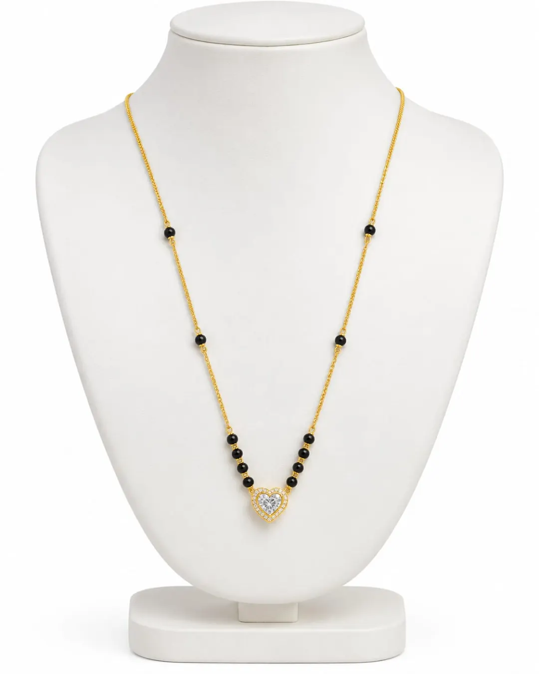 ELEGANT GOLD-TONE BLACK BEADED MINIMALIST HEART-SHAPED STONE PENDANT MANGALSUTRA