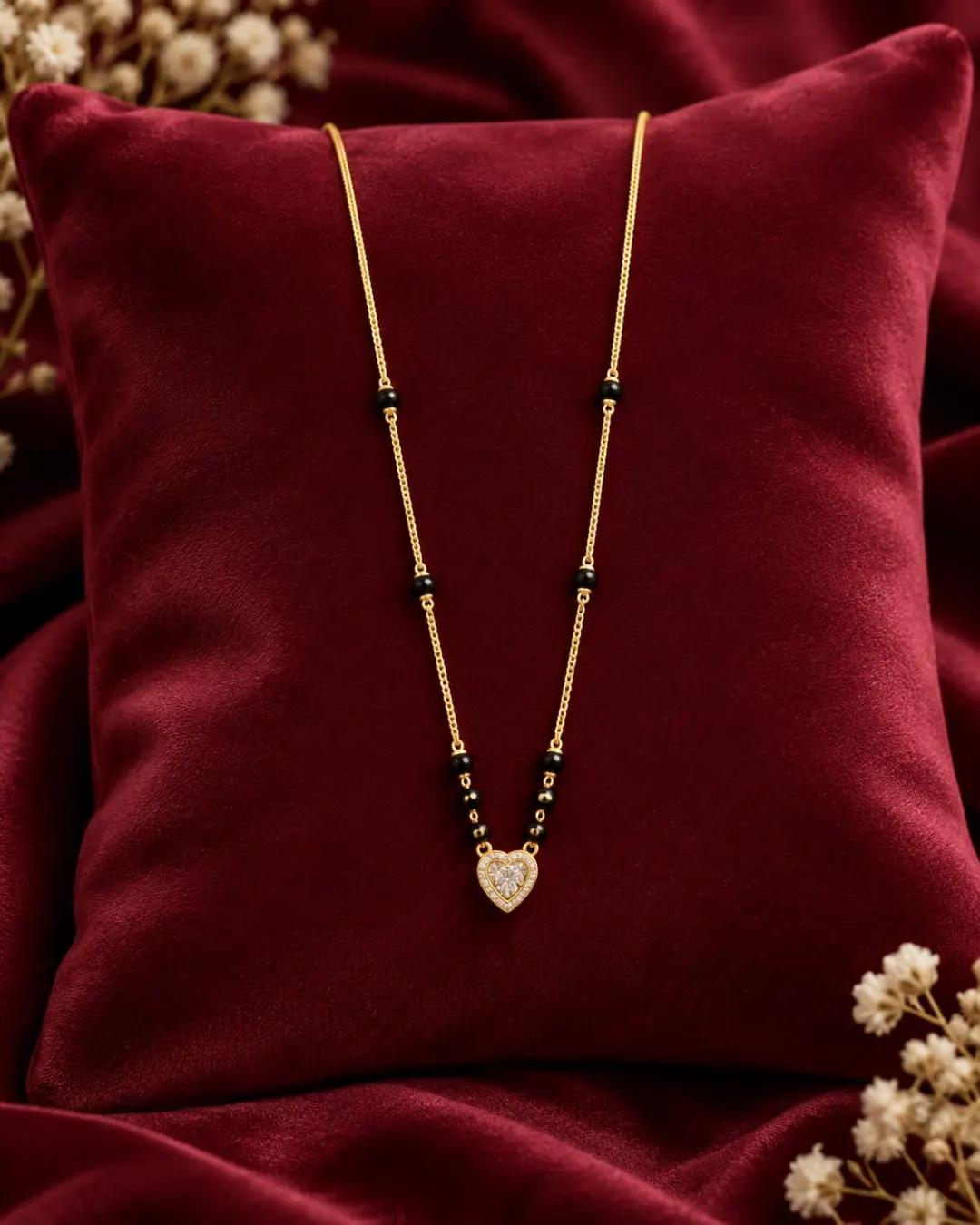 ELEGANT GOLD-TONE BLACK BEADED MINIMALIST HEART-SHAPED STONE PENDANT MANGALSUTRA
