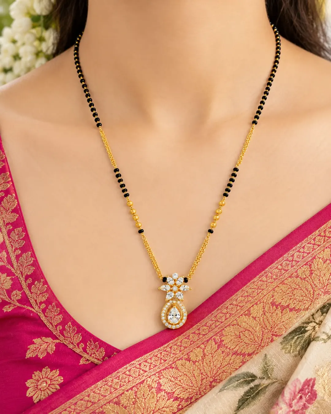 GOLD-TONE FLORAL TEARDROP CZ MANGALSUTRA