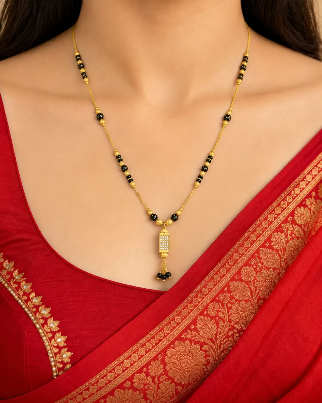 GOLD-TONE BLACK BEADED TASSEL PENDANT MANGALSUTRA
