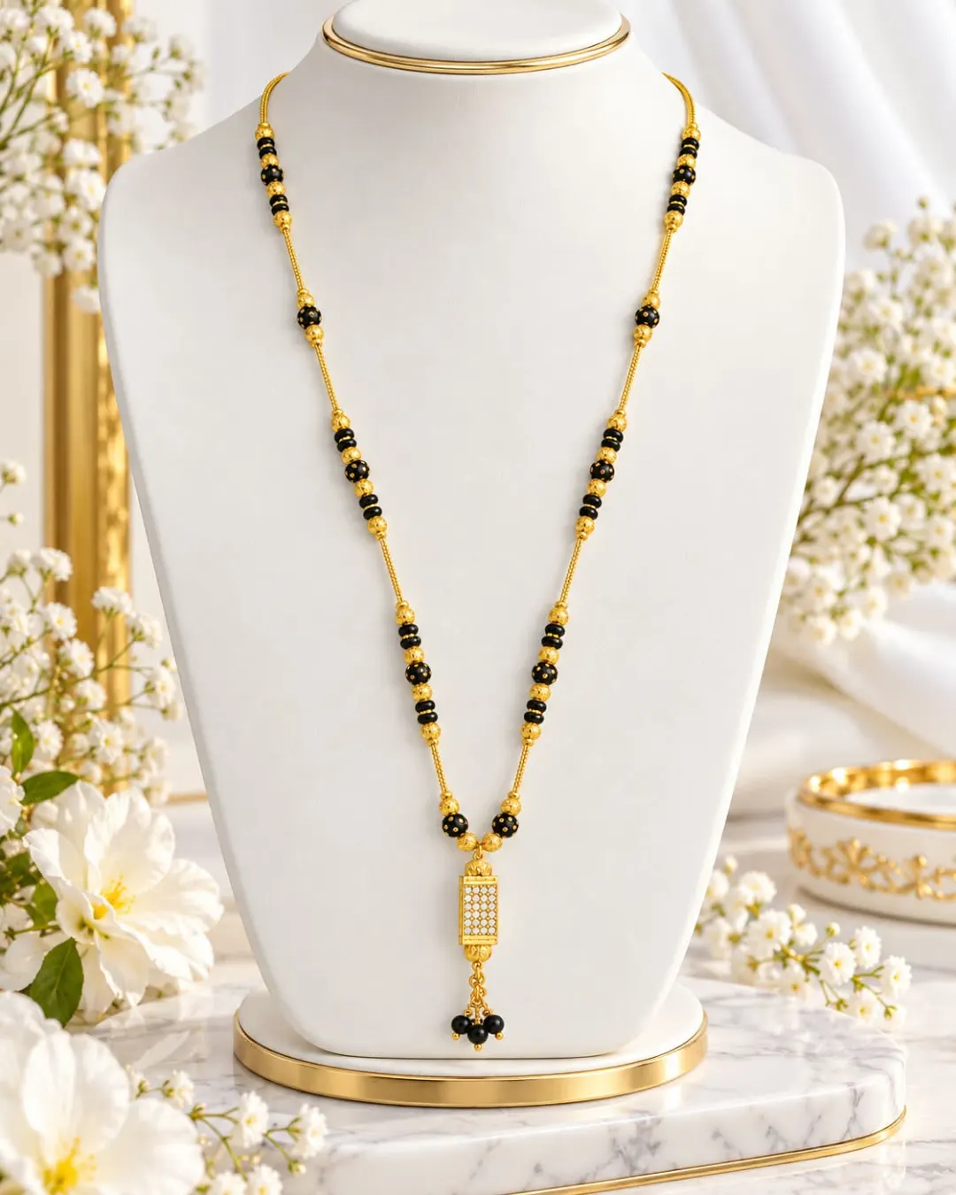 GOLD-TONE BLACK BEADED TASSEL PENDANT MANGALSUTRA