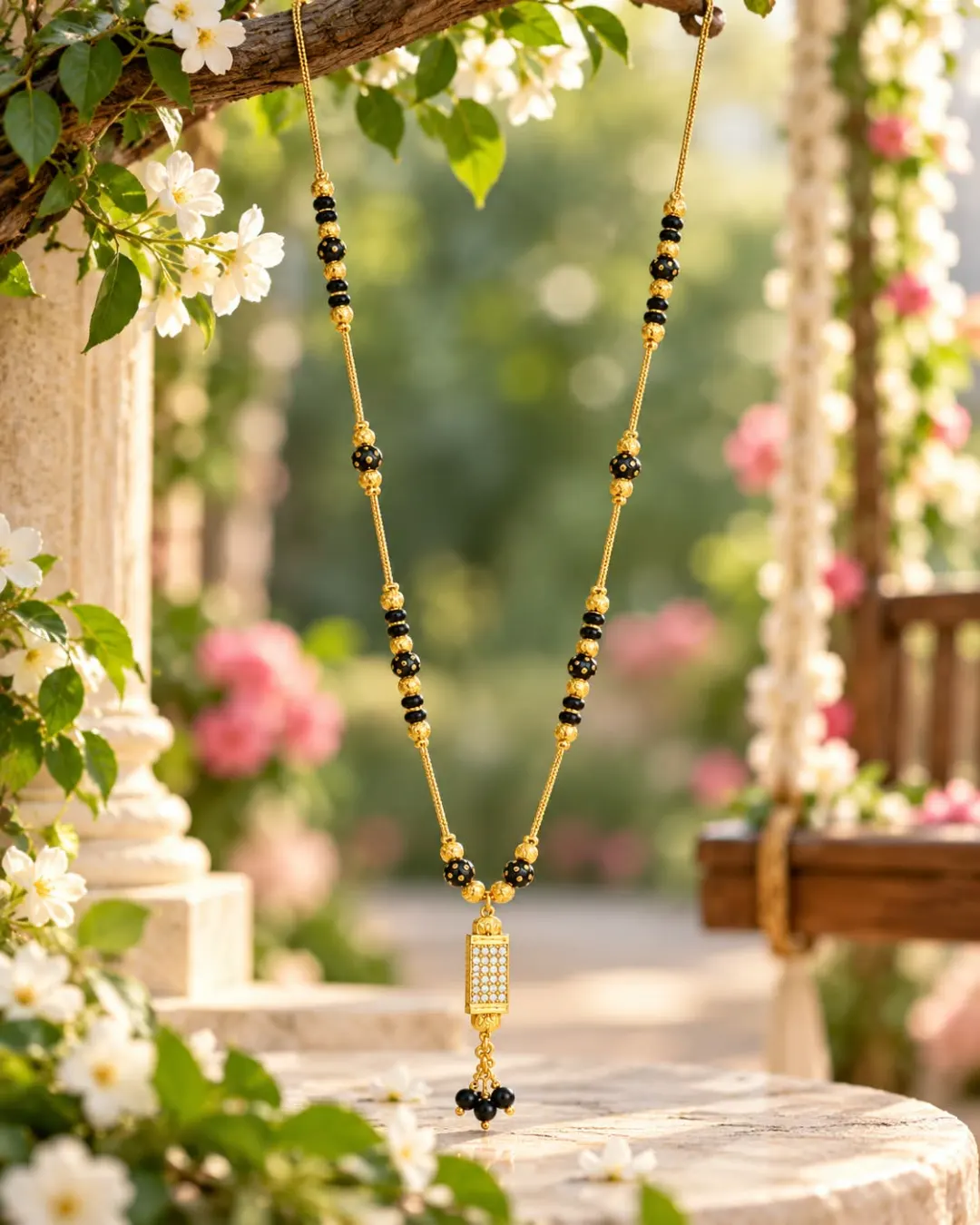 GOLD-TONE BLACK BEADED TASSEL PENDANT MANGALSUTRA