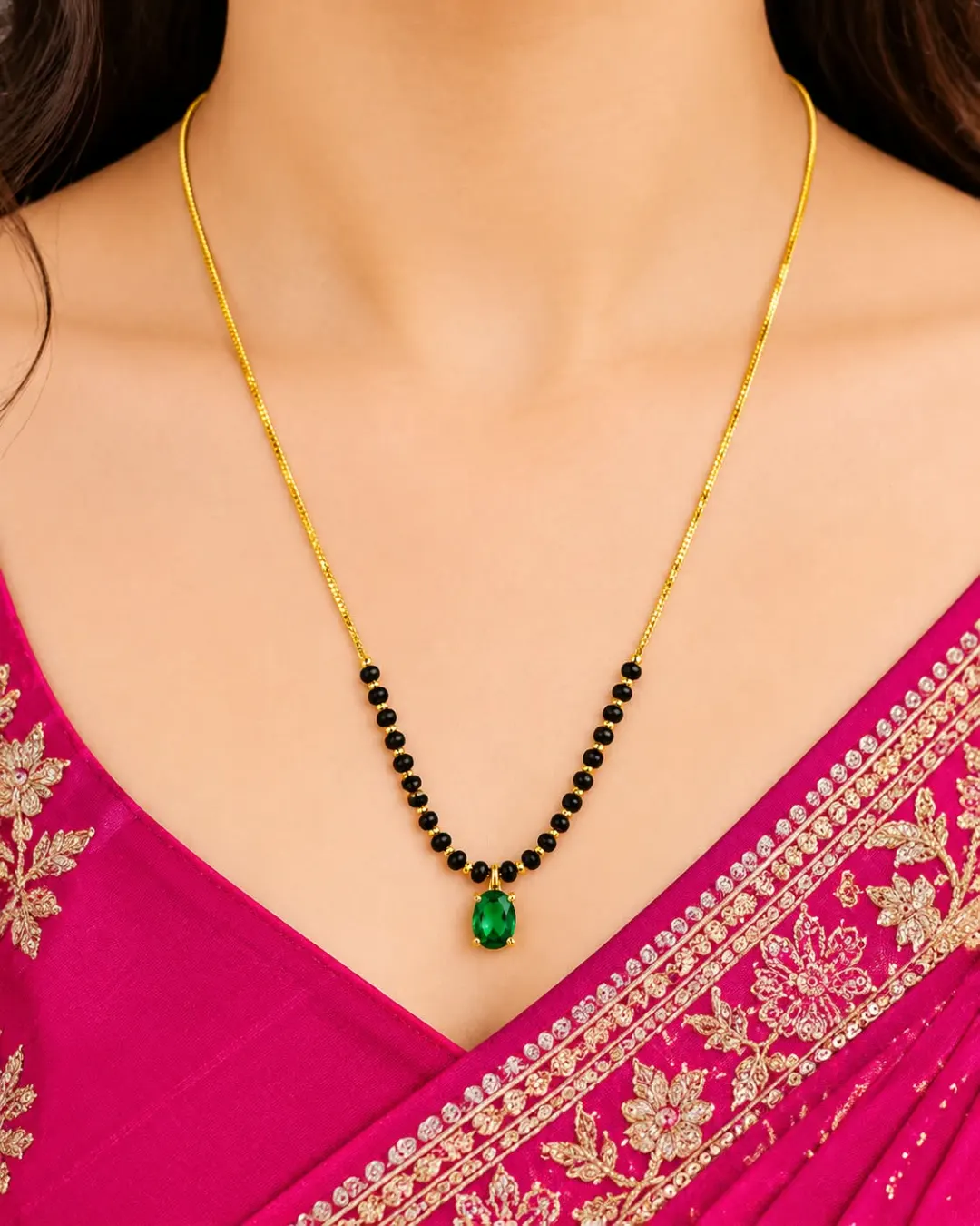 GOLD-TONE GREEN STONE BLACK BEADED MANGALSUTRA