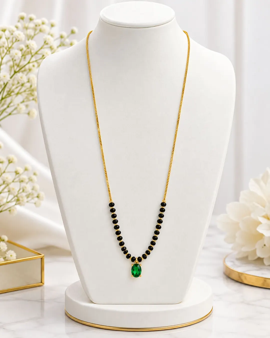GOLD-TONE GREEN STONE BLACK BEADED MANGALSUTRA