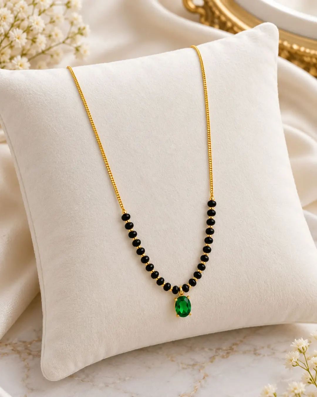 GOLD-TONE GREEN STONE BLACK BEADED MANGALSUTRA