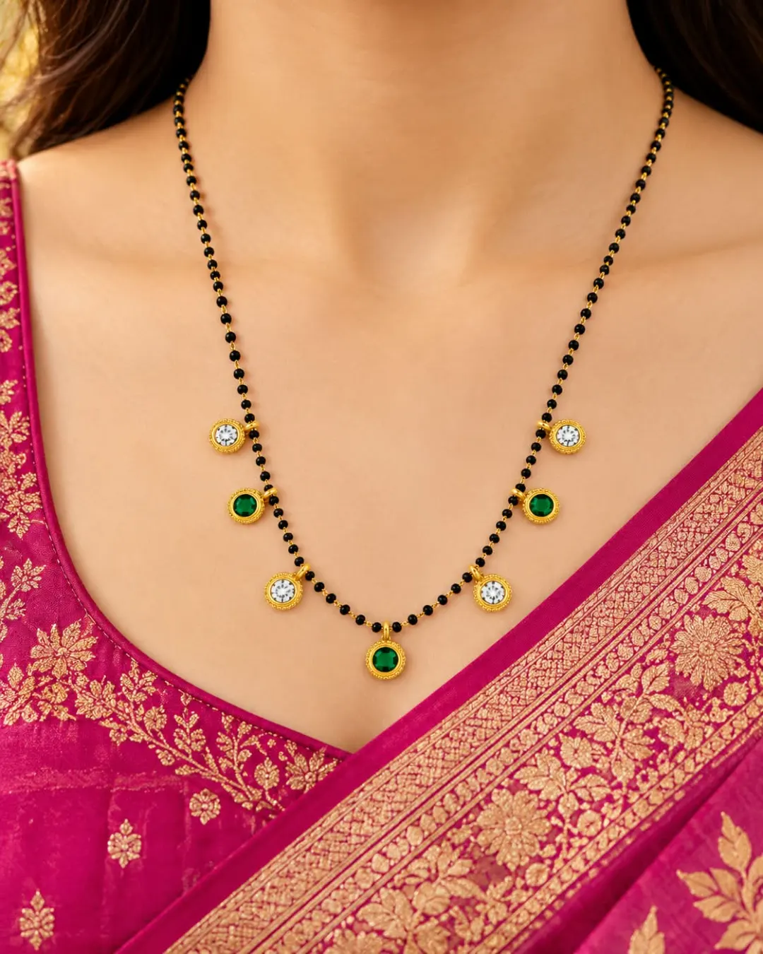 GOLD-TONE GREEN & WHITE STONE CHARM MANGALSUTRA