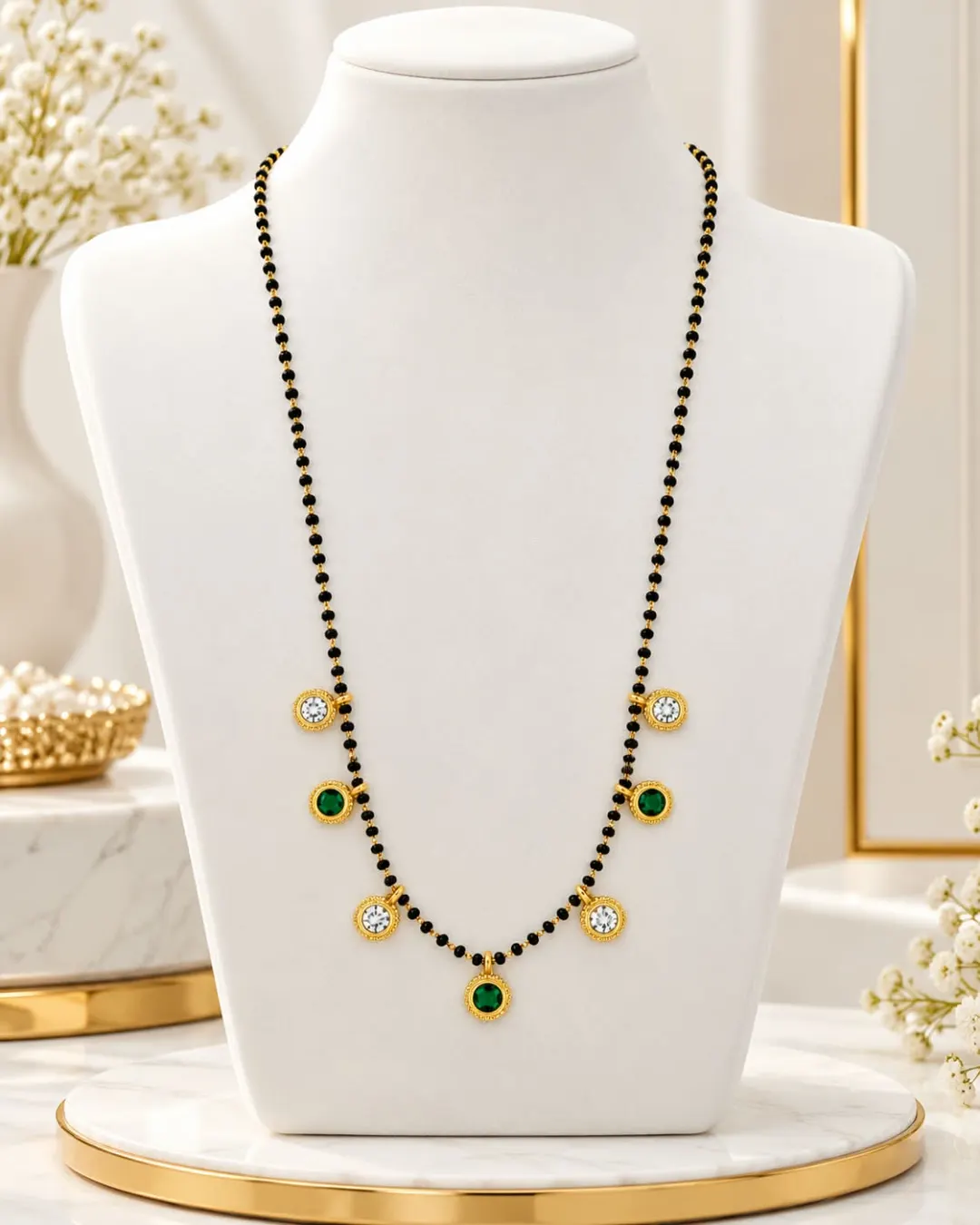 GOLD-TONE GREEN & WHITE STONE CHARM MANGALSUTRA
