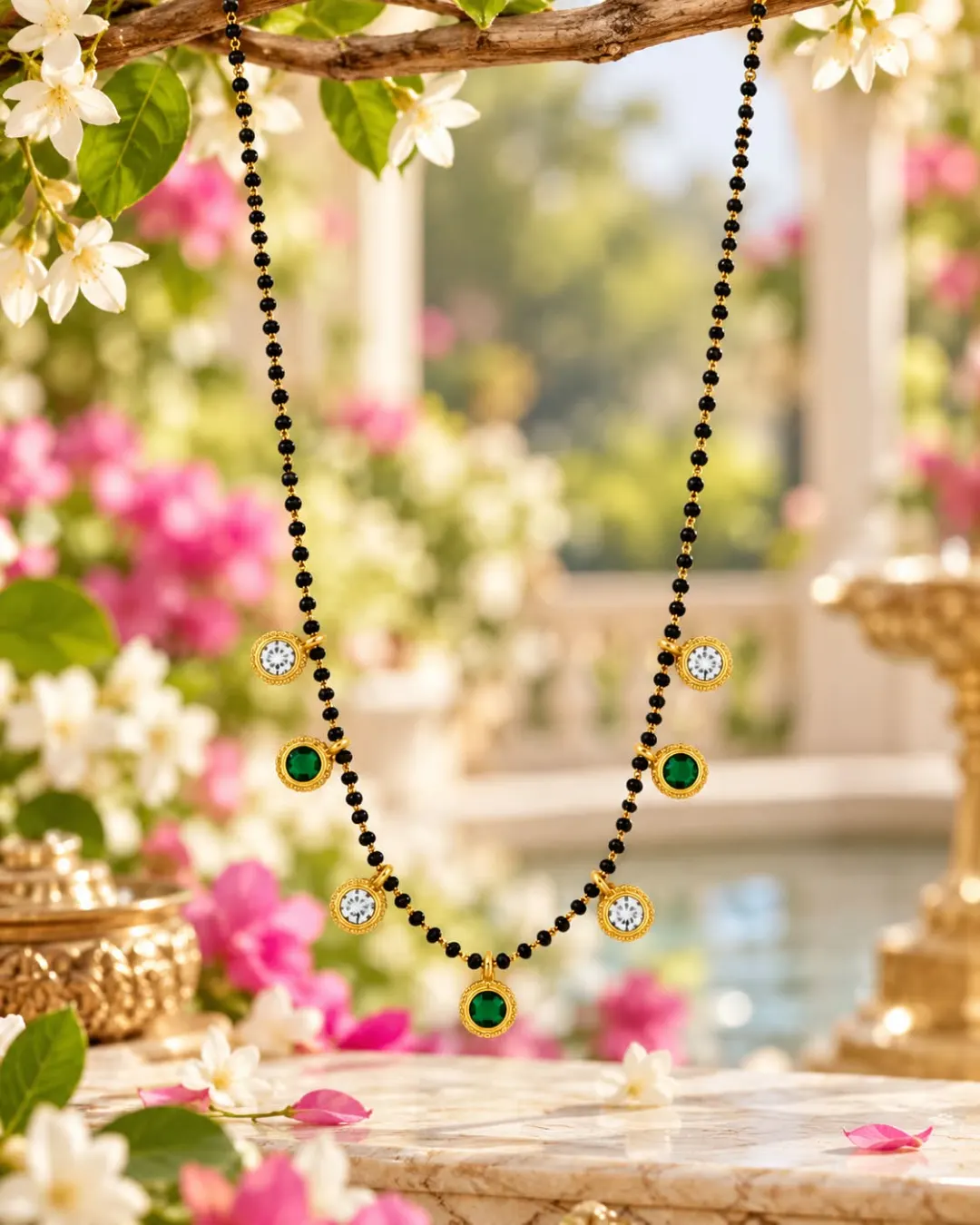 GOLD-TONE GREEN & WHITE STONE CHARM MANGALSUTRA