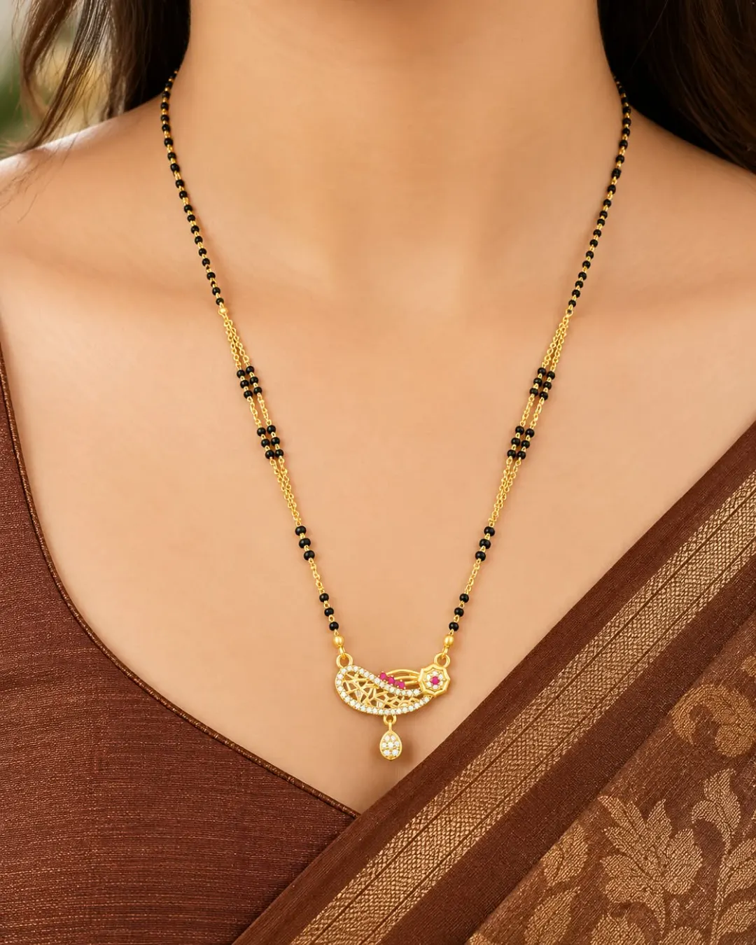 GOLD-TONE PINK STONE FLORAL DROP PENDANT MANGALSUTRA