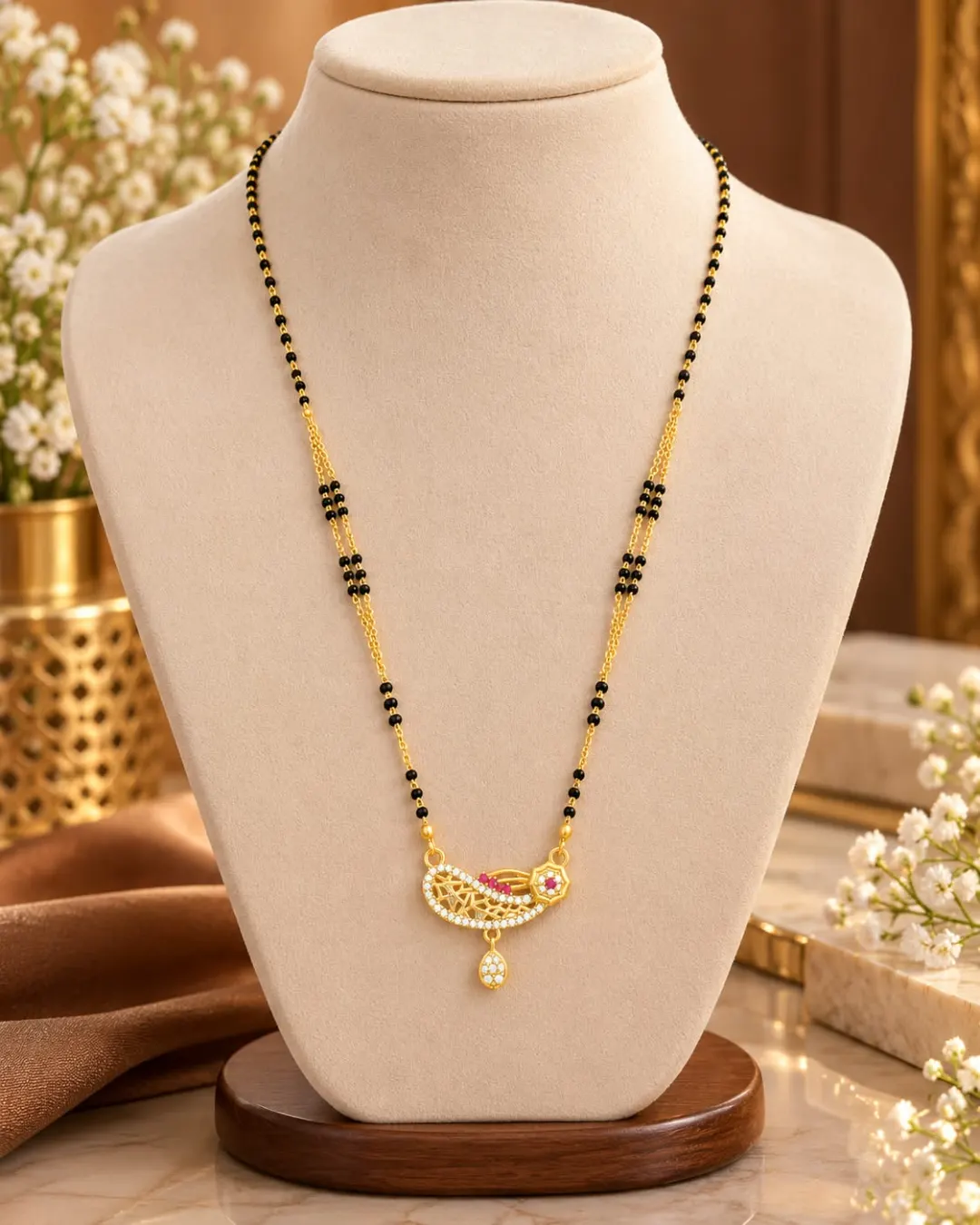 GOLD-TONE PINK STONE FLORAL DROP PENDANT MANGALSUTRA