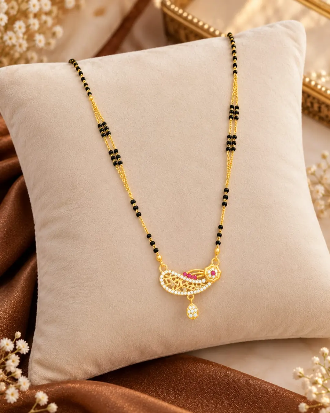 GOLD-TONE PINK STONE FLORAL DROP PENDANT MANGALSUTRA