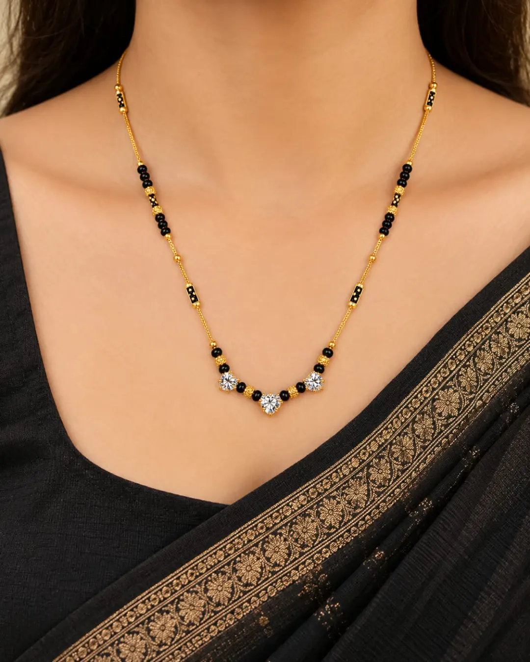 GOLD-TONE BLACK BEADED HEART CZ MANGALSUTRA