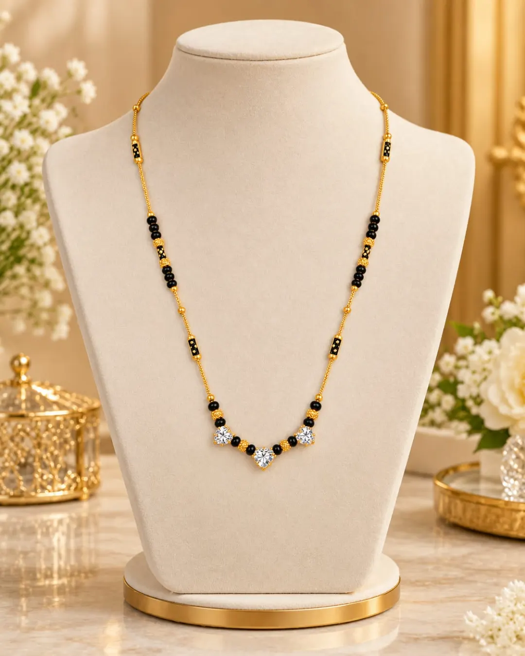 GOLD-TONE BLACK BEADED HEART CZ MANGALSUTRA